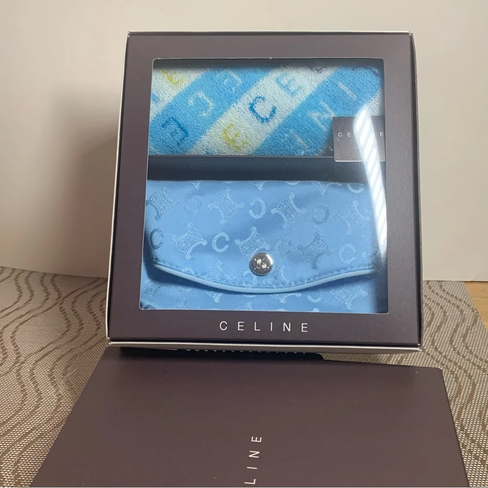 Authentic Celine Sky Blue Monogram face towel and pouch Set